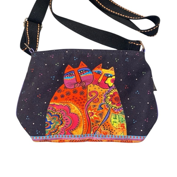 Laurel Burch Festive Felines Cotton Canvas purple orange Crossbody Shoulder Bag - Picture 1 of 13